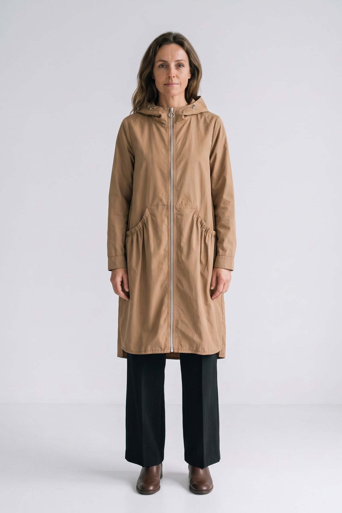 Women's Hooded Long Jacket | Front Zip — **Light Brown** — front view — on model