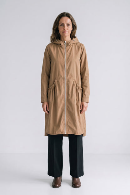 Women's Hooded Long Jacket | Front Zip — **Light Brown** — front view — on model