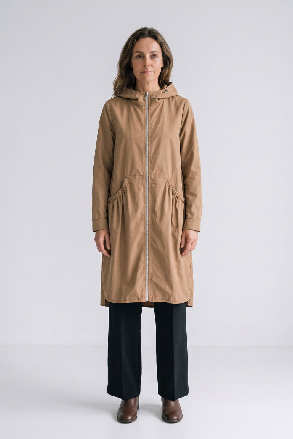 Women's Hooded Long Jacket | Front Zip — **Light Brown** — front view — on model