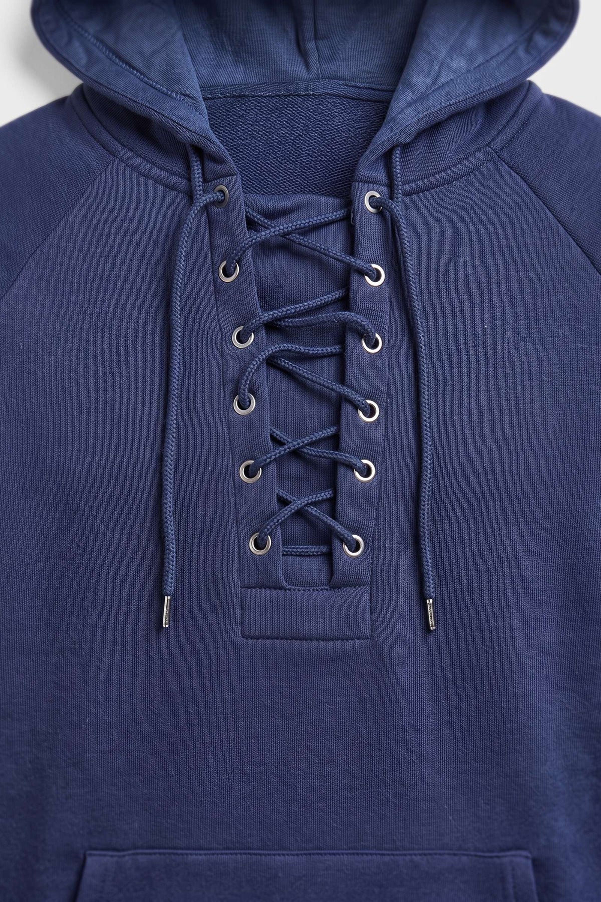 Men's Lace-Up Hoodie | Kangaroo Pocket — Blue — detail — on model