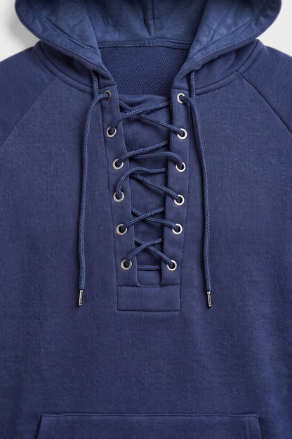 Men's Lace-Up Hoodie | Kangaroo Pocket — Blue — detail — on model