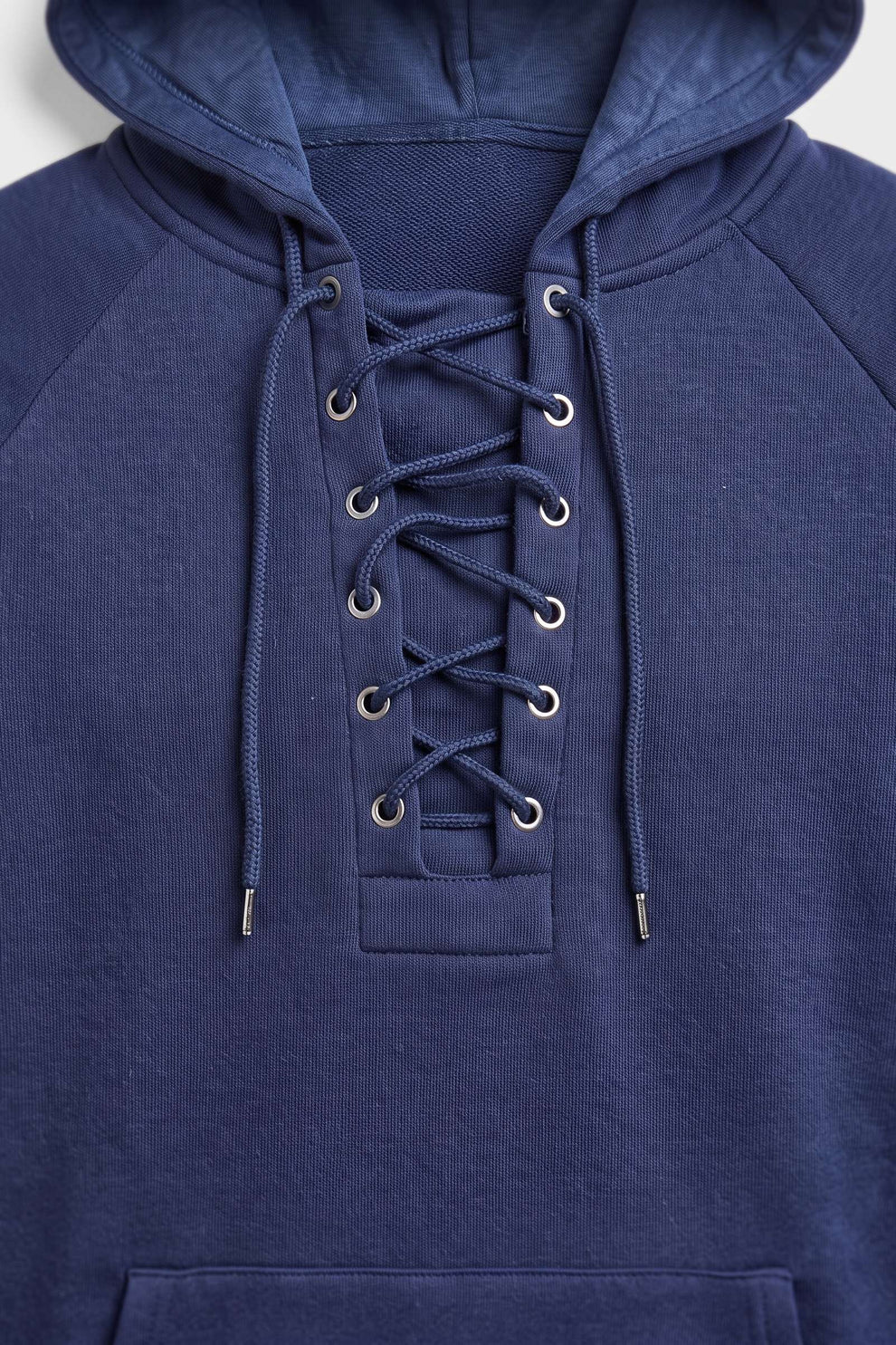 Men's Lace-Up Hoodie | Kangaroo Pocket — Blue — detail — on model