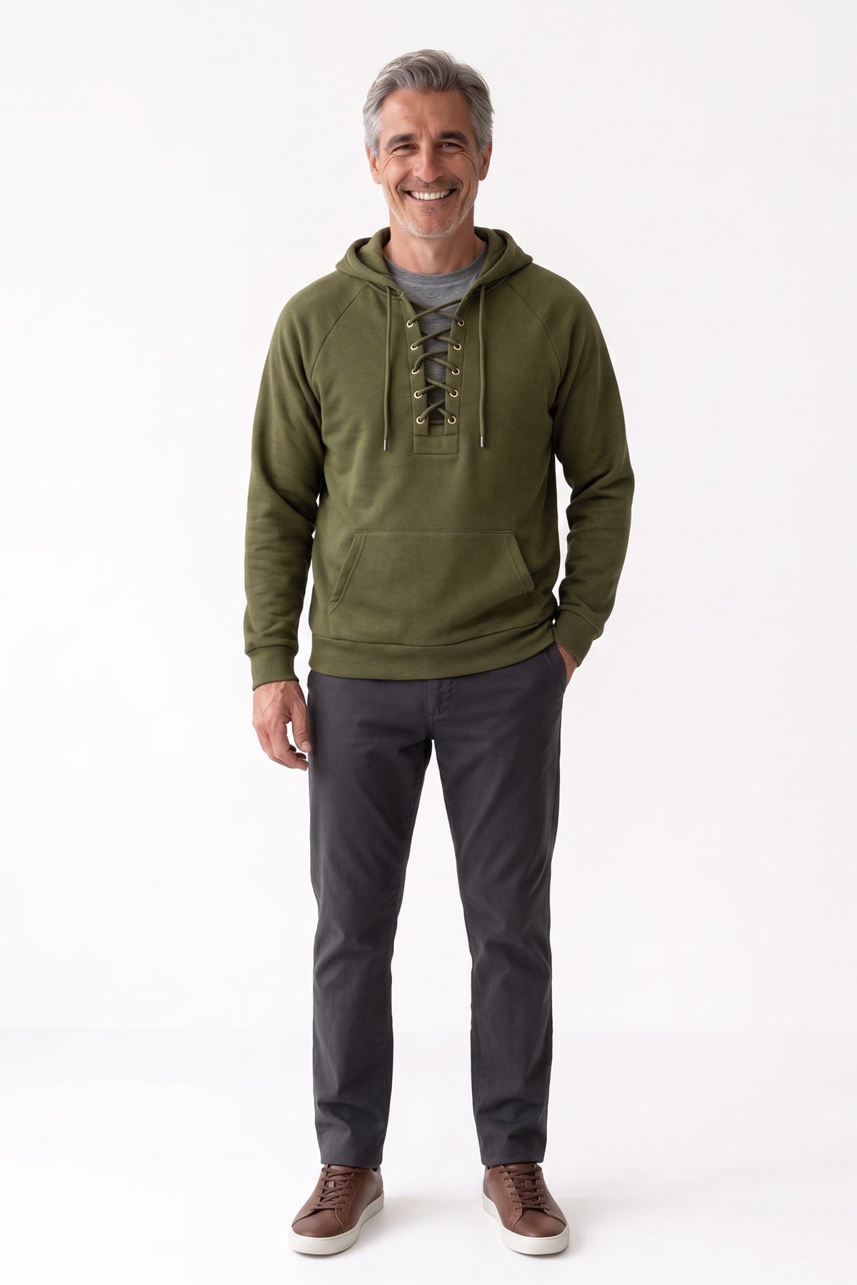 Men's Lace-Up Hoodie | Kangaroo Pocket — Green — front view — on model