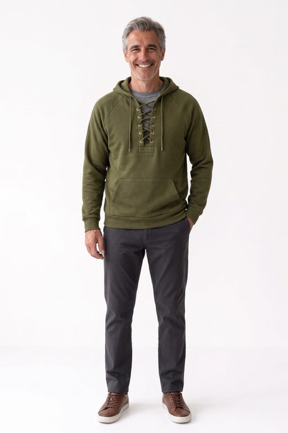 Men's Lace-Up Hoodie | Kangaroo Pocket — Green — front view — on model