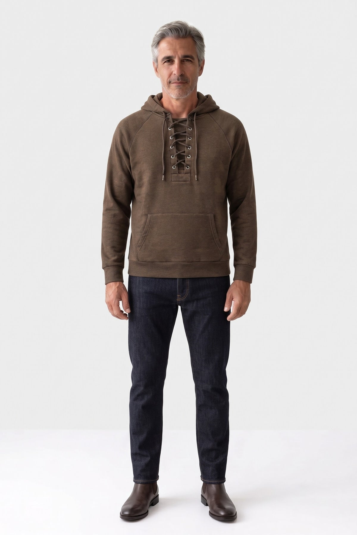 Men's Lace-Up Hoodie | Kangaroo Pocket — Khaki — front view — on model