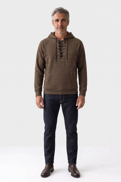 Men's Lace-Up Hoodie | Kangaroo Pocket — Khaki — front view — on model