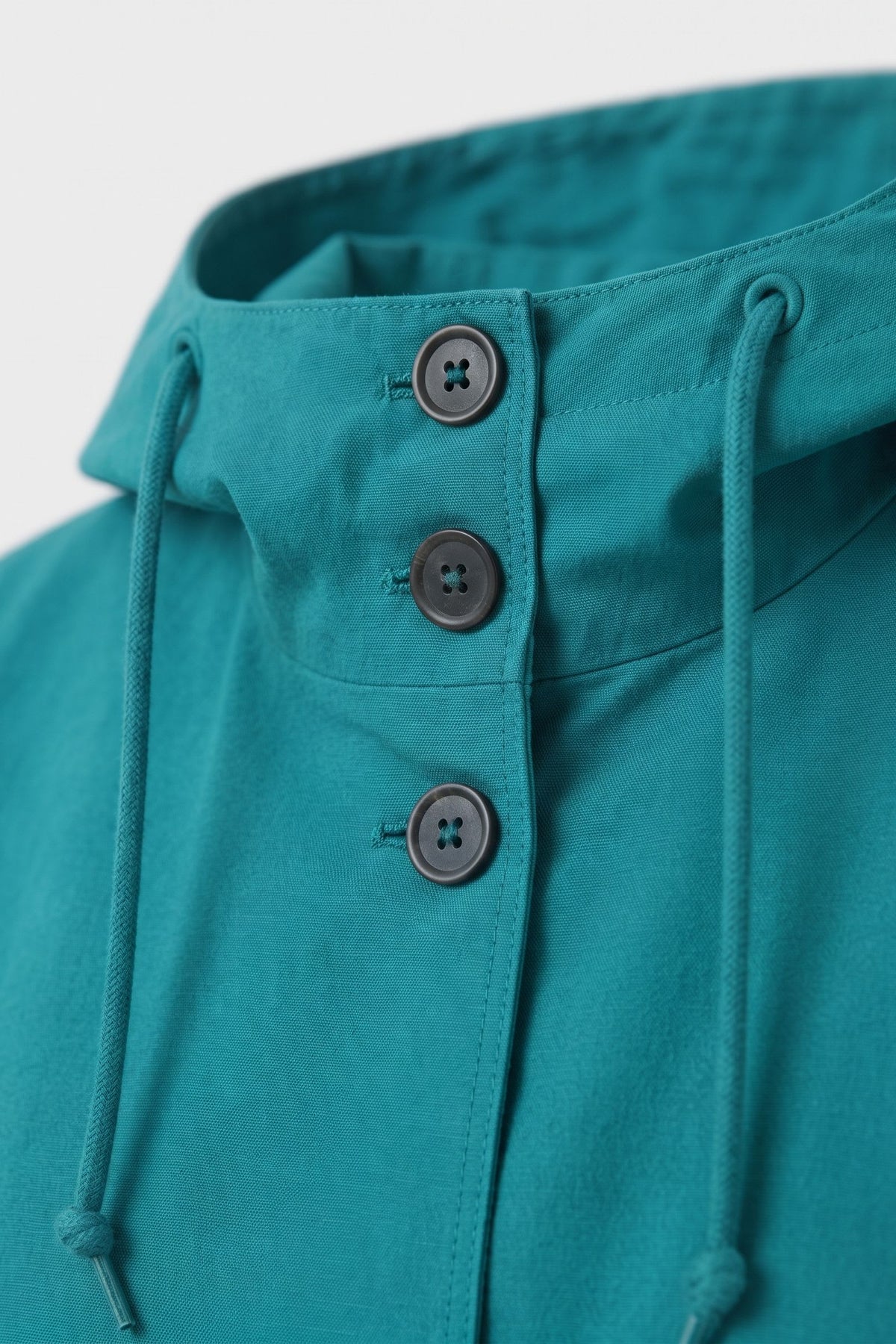 Women's Hooded Raincoat | Button-Front — Blue — detail — on model
