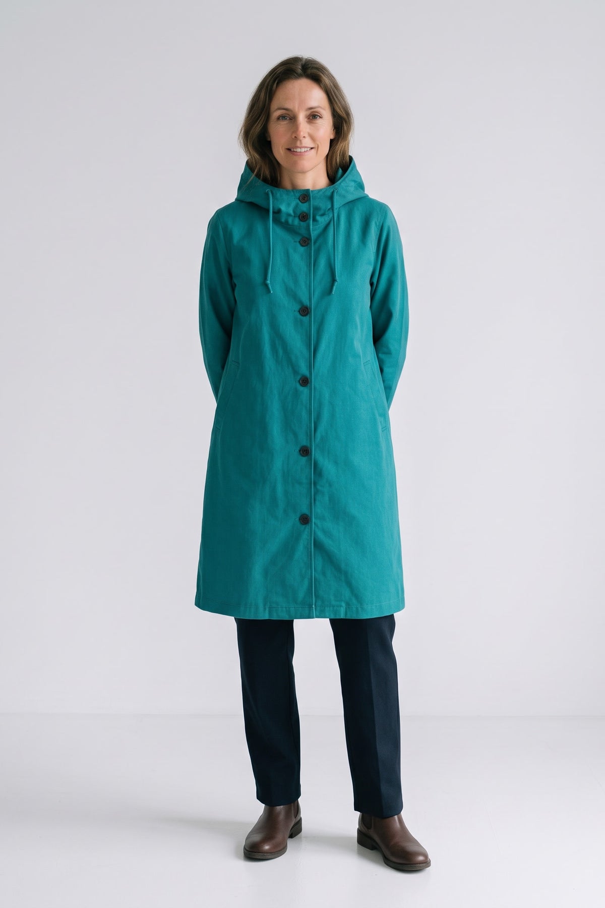 Women's Hooded Raincoat | Button-Front — Blue — front view — on model