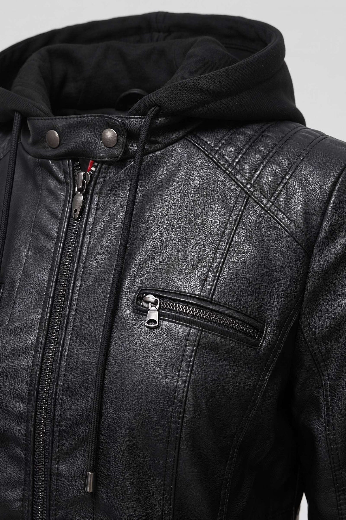 Women's Moto Jacket with Hood | Zip Front — Black — detail — on model