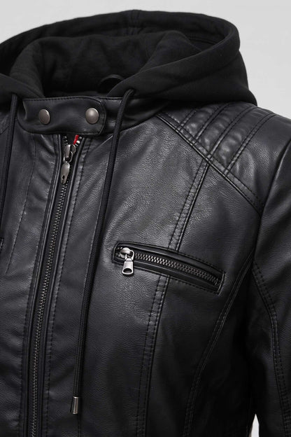 Women's Moto Jacket with Hood | Zip Front — Black — detail — on model