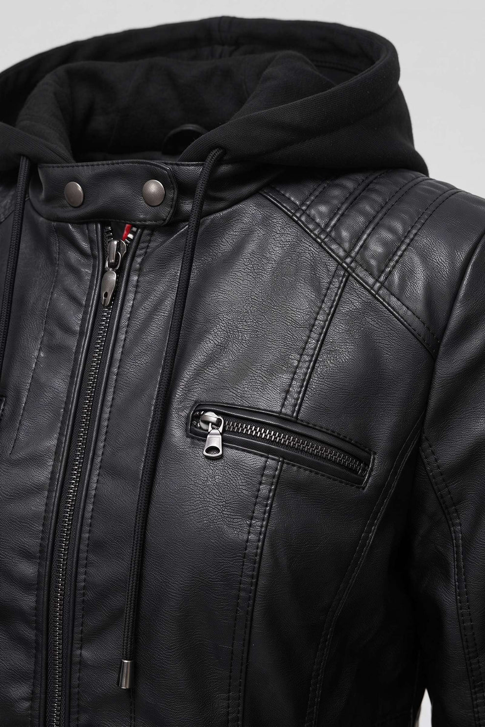 Women's Moto Jacket with Hood | Zip Front — Black — detail — on model