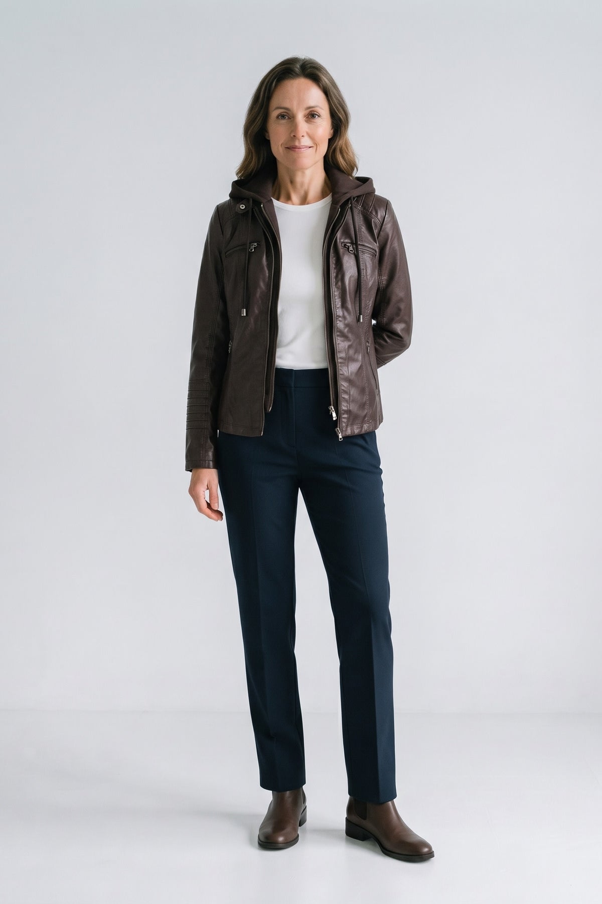 Women's Moto Jacket with Hood | Zip Front — Brown — front view — on model