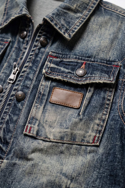 Men's Trucker Jacket | Snap Chest Pockets — Blue — detail — on model