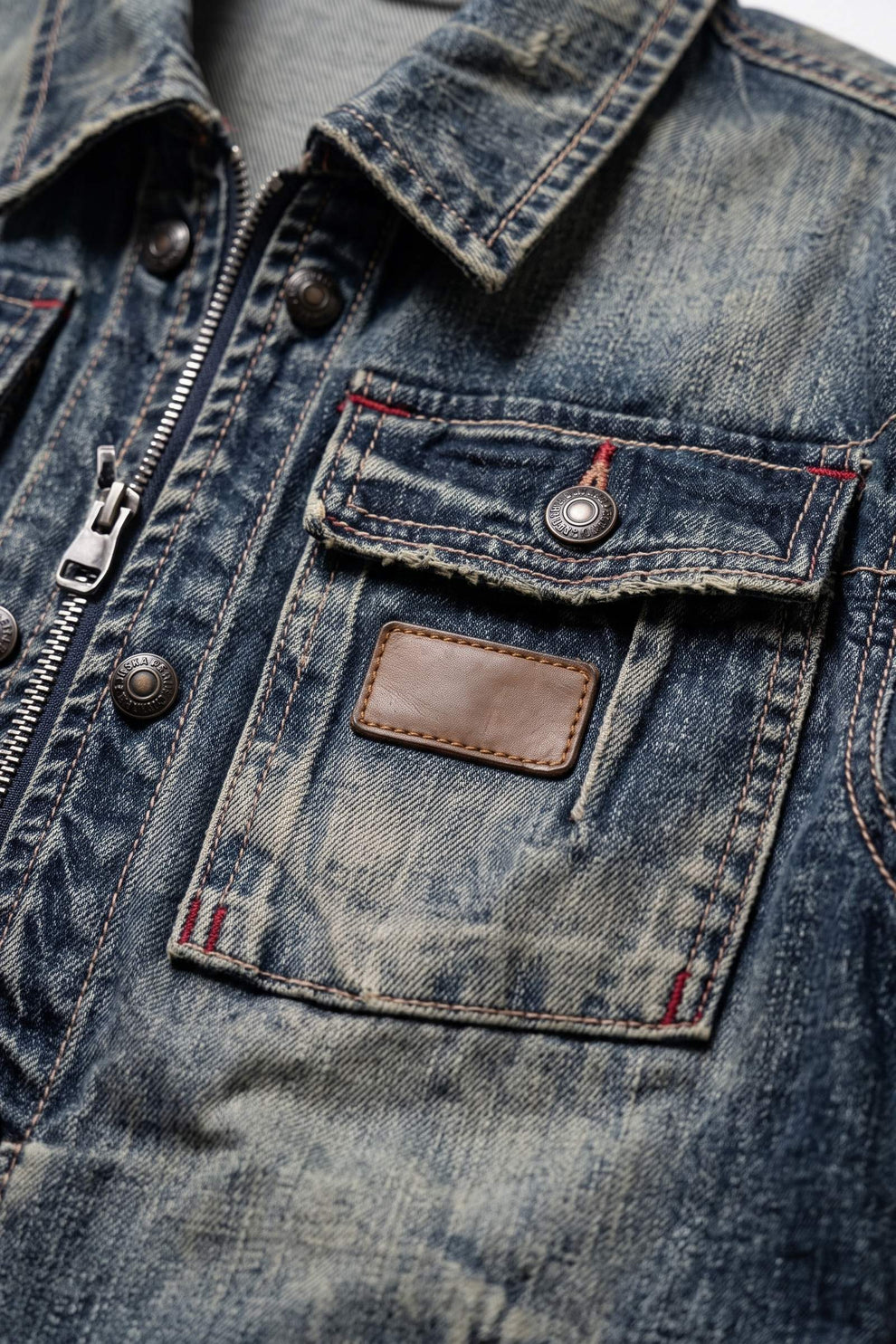 Men's Trucker Jacket | Snap Chest Pockets — Blue — detail — on model
