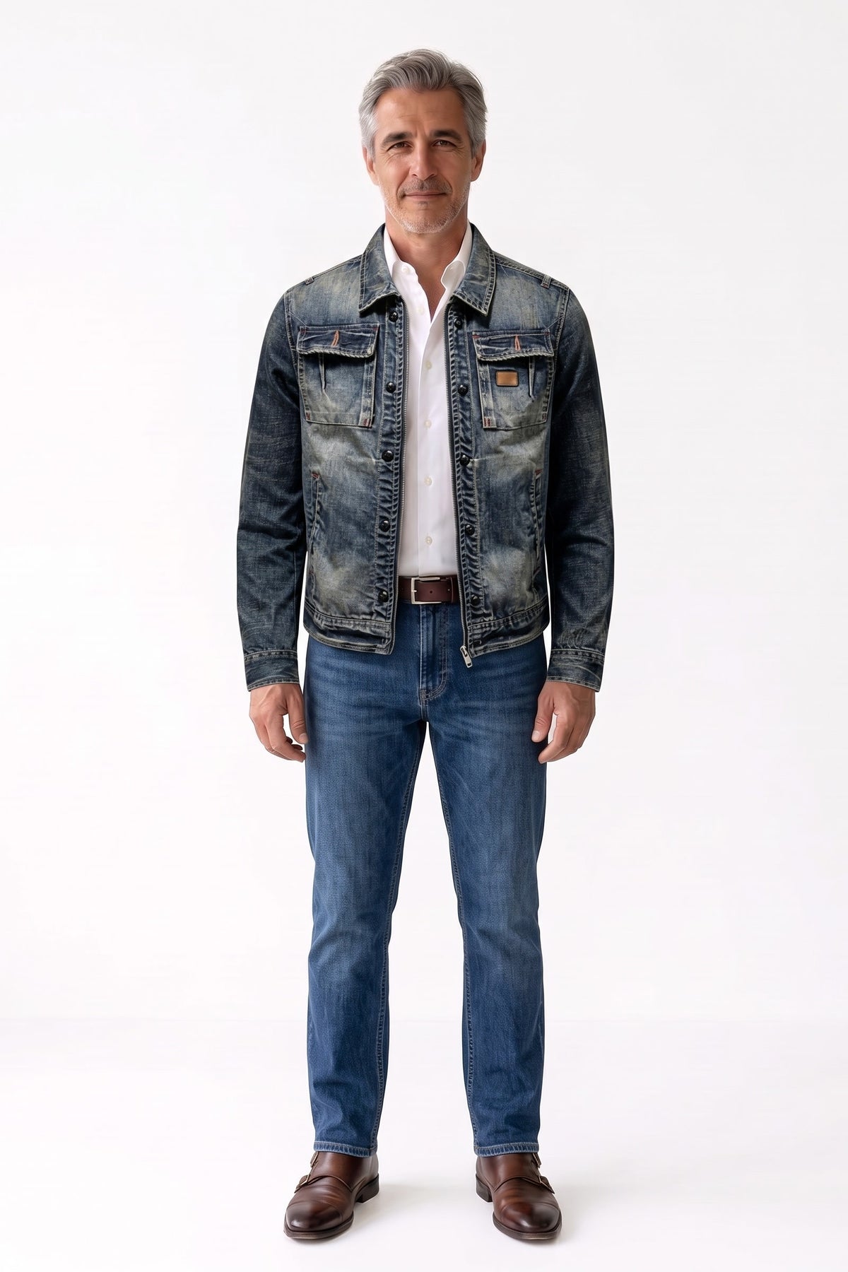 Men's Trucker Jacket | Snap Chest Pockets — Blue — front view — on model
