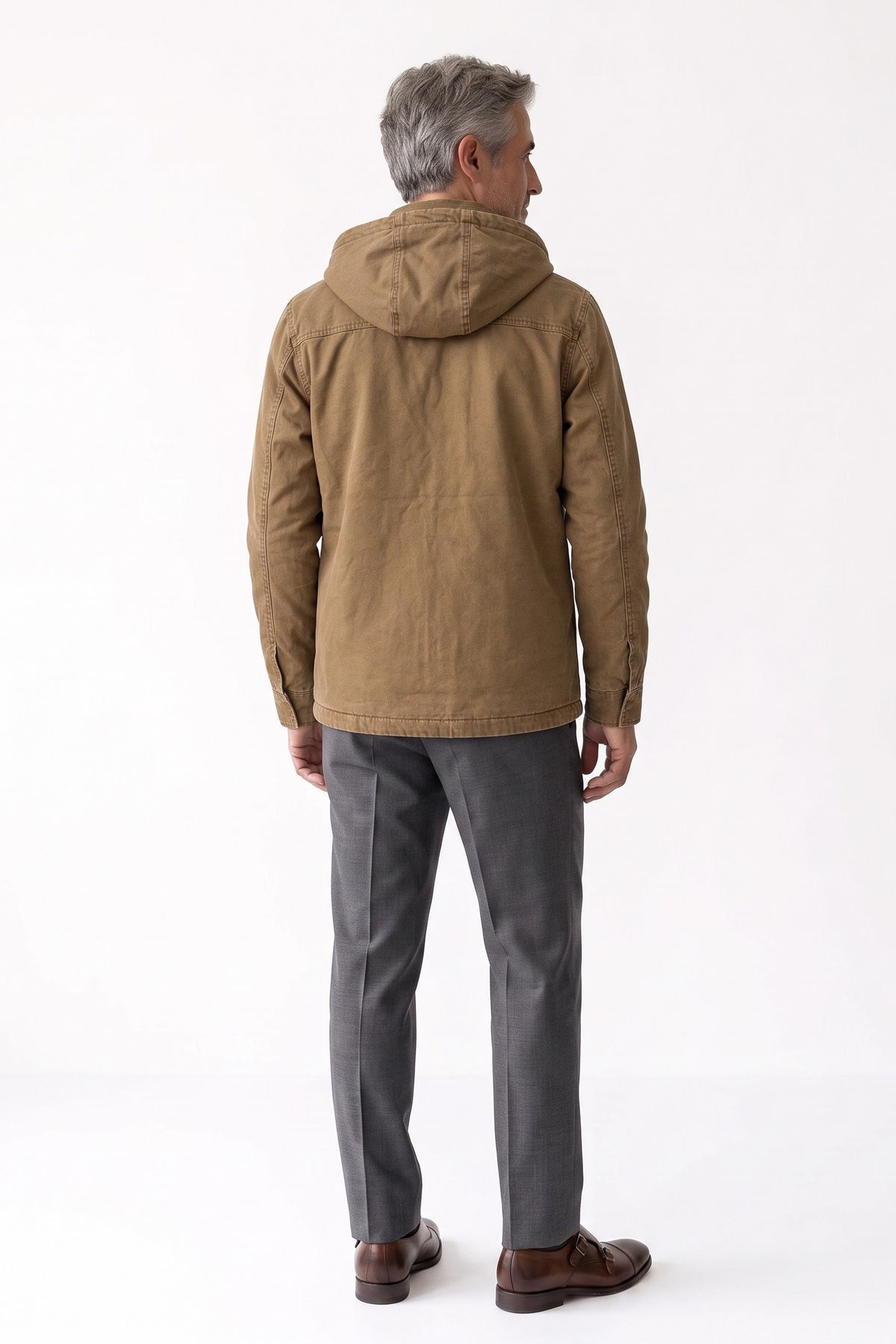 Men's Hooded Canvas Jacket | Front Zip — Brown — back view — on model