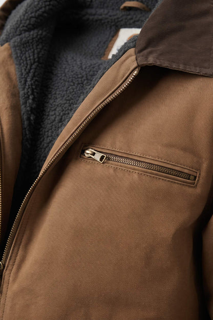Men's Hooded Canvas Jacket | Front Zip — Brown — detail — on model