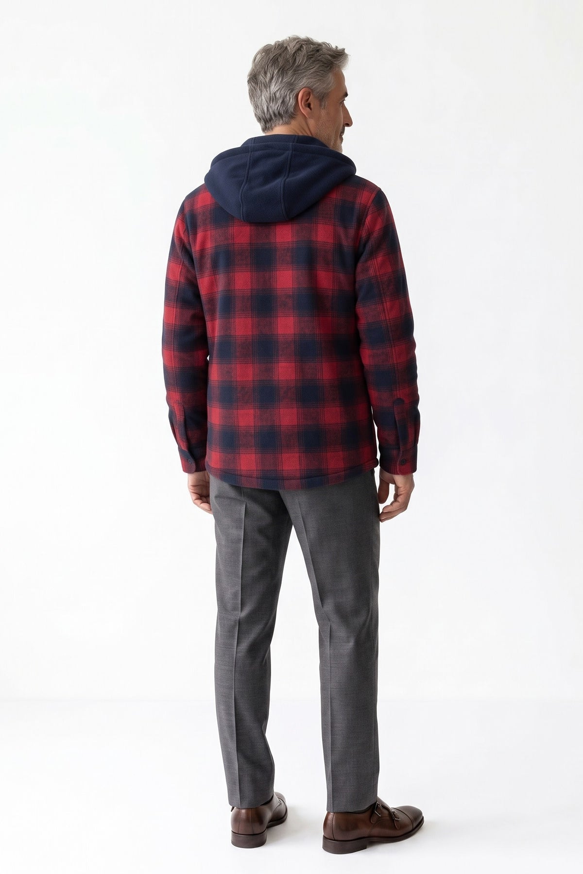 Men's Flannel Jacket | Hooded Design — Red — back view — on model