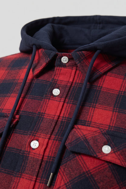 Men's Flannel Jacket | Hooded Design — Red — detail — on model