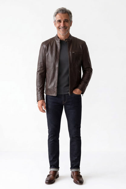 Men's Biker Jacket | Zip Cuffs — Brown — front view — on model