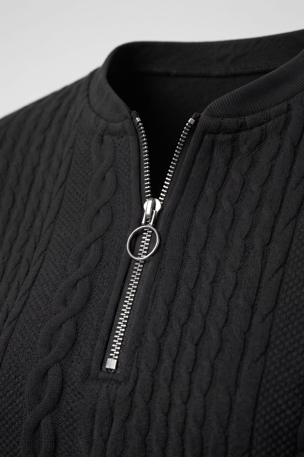 Women's Zip Sweatshirt | Cable Pattern — Black — detail — on model