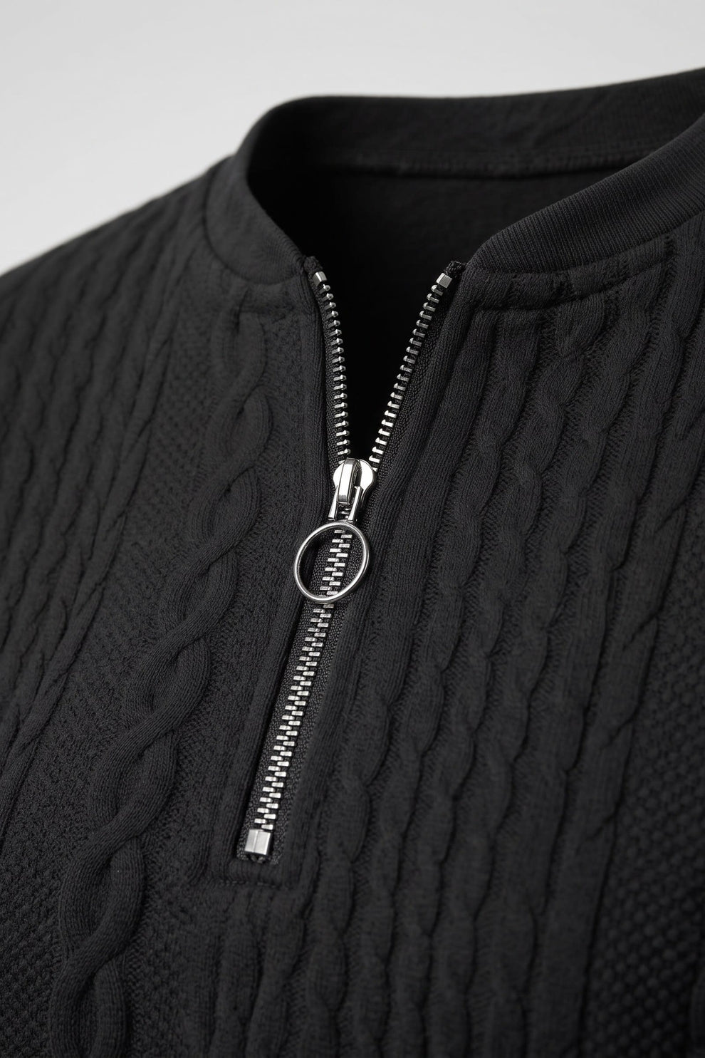 Women's Zip Sweatshirt | Cable Pattern — Black — detail — on model
