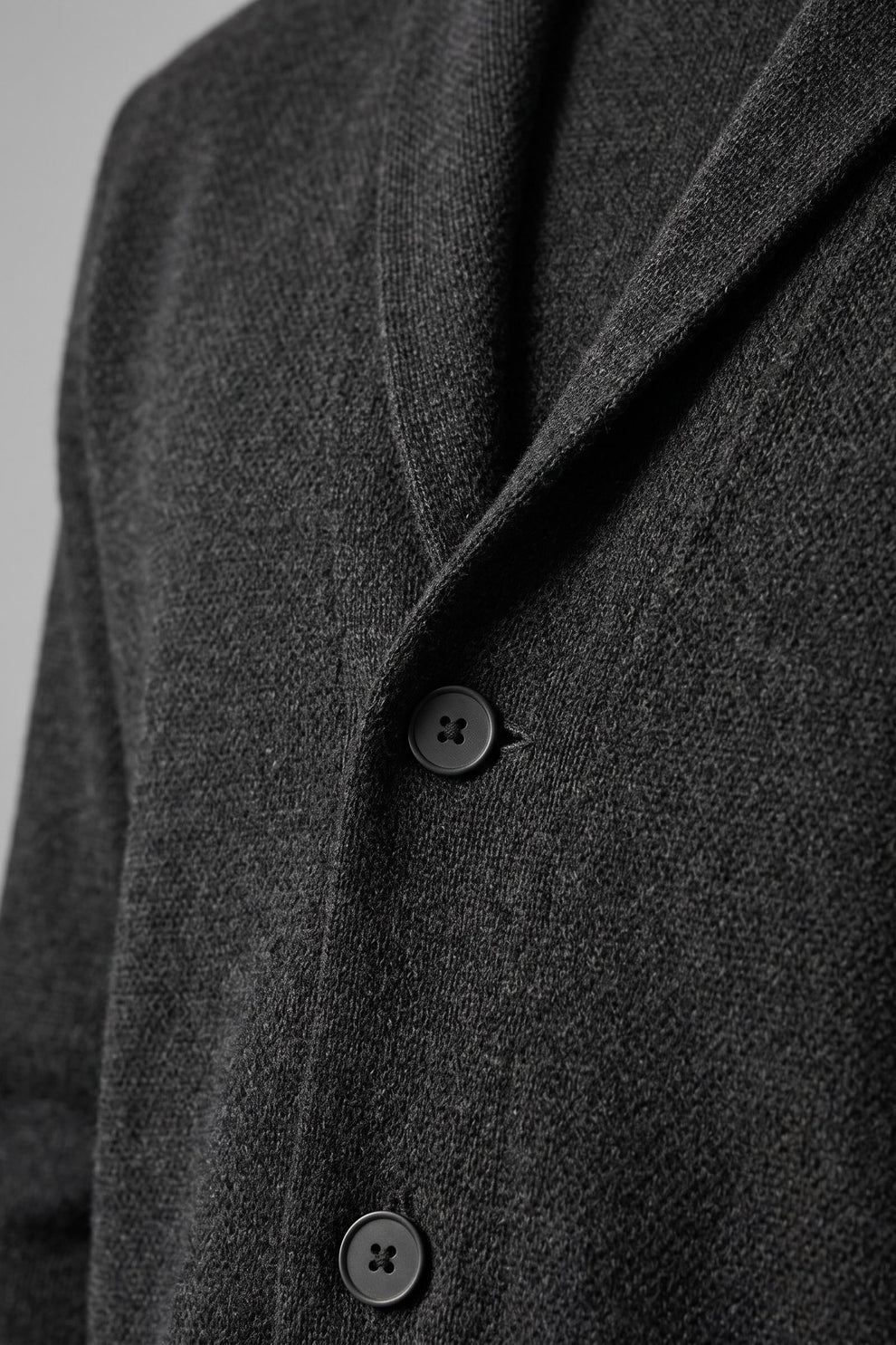 Men's Shawl-Collar Cardigan | Two-Button — Black — detail — on model