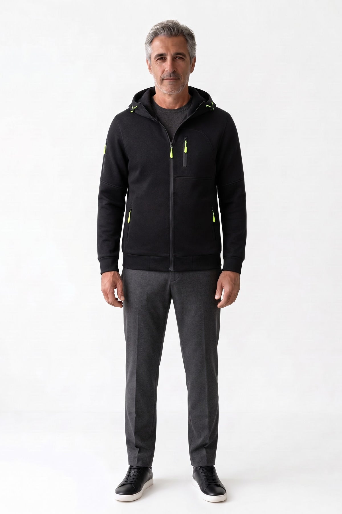 Men's Casual Zip-Up Hoodie | Chest Pocket — Black — front view — on model