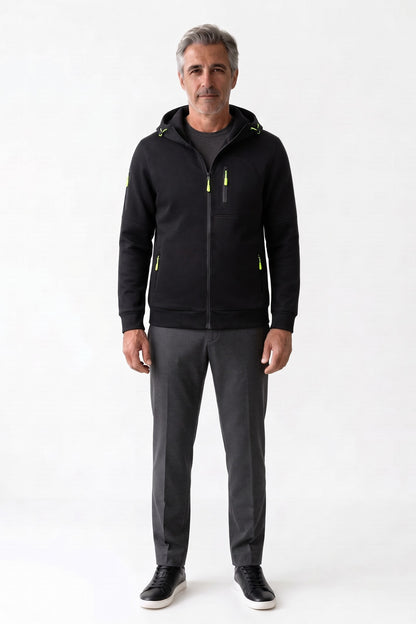 Men's Casual Zip-Up Hoodie | Chest Pocket — Black — front view — on model
