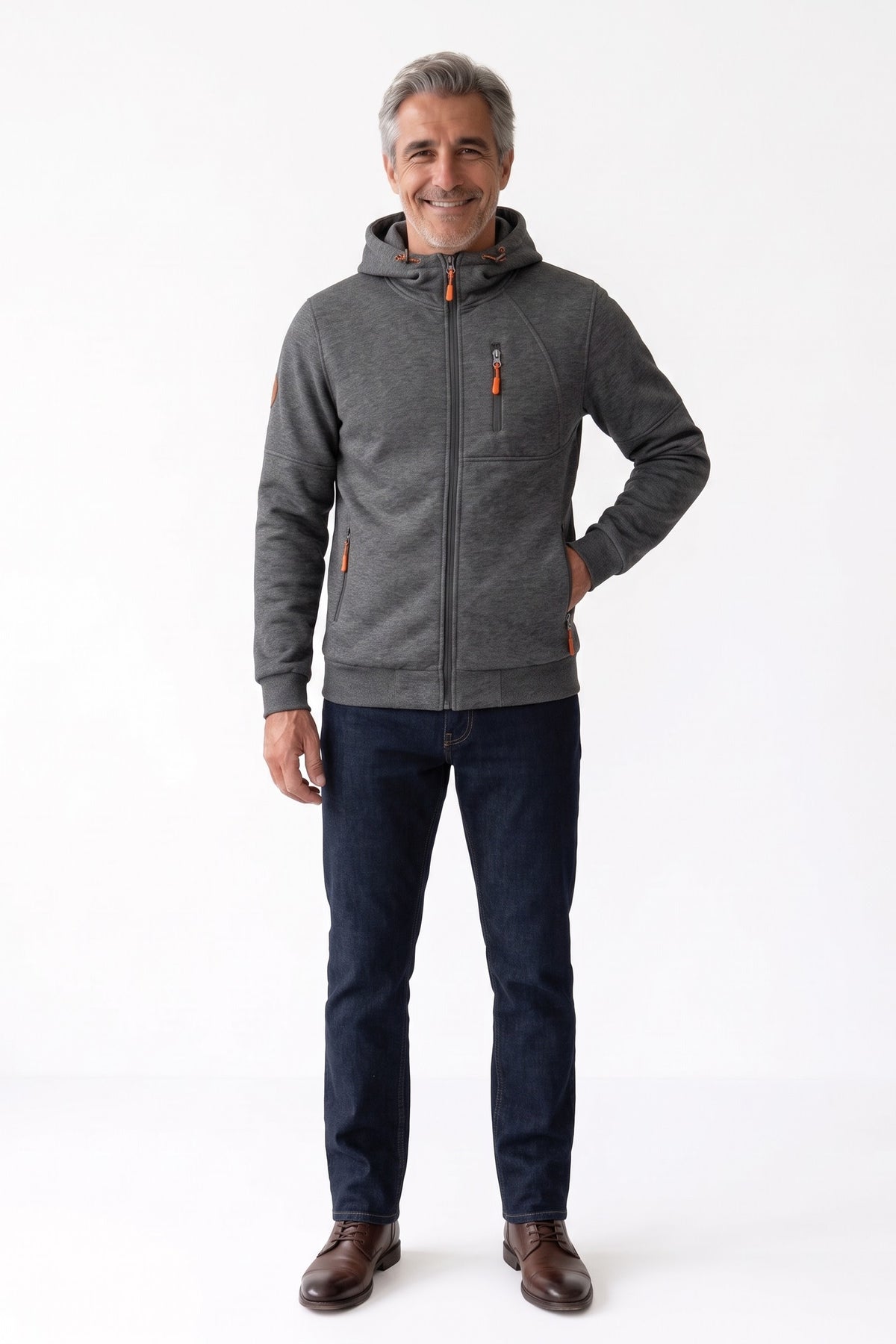 Men's Casual Zip-Up Hoodie | Chest Pocket — Grey — front view — on model