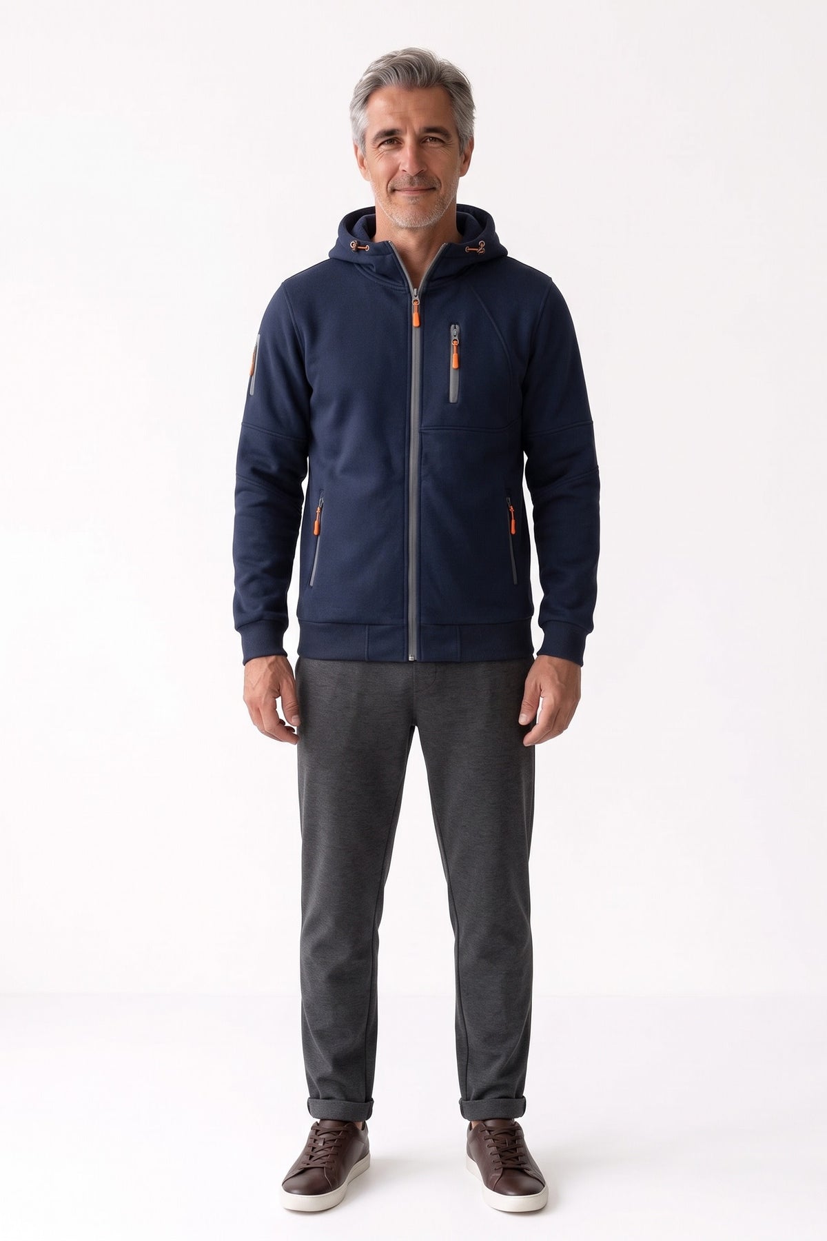 Men's Casual Zip-Up Hoodie | Chest Pocket — Navy — front view — on model