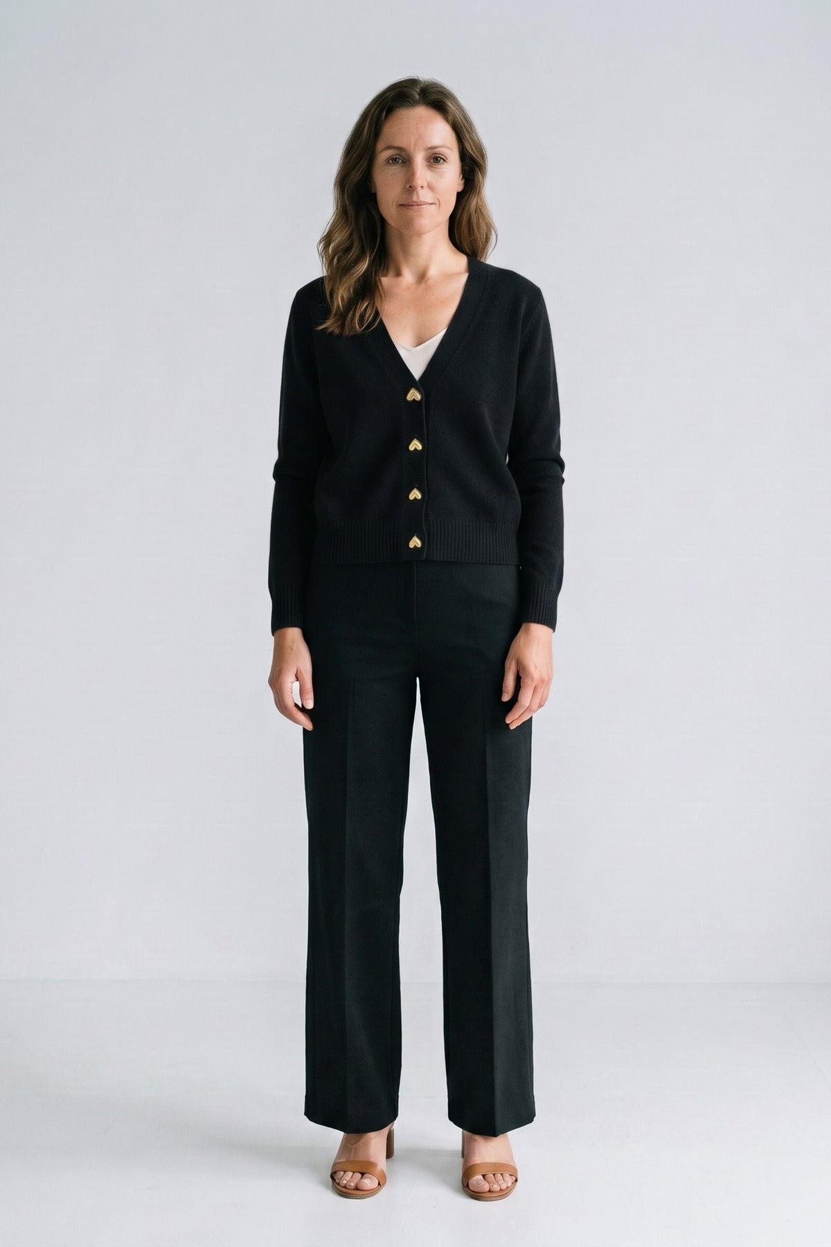 Women's Cropped Button Cardigan | V-Neck — Black — front view — on model