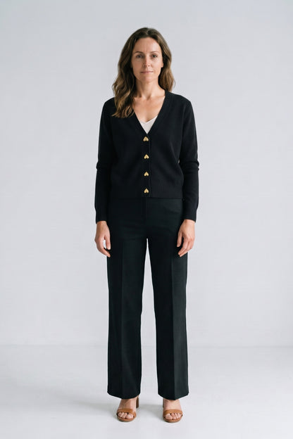 Women's Cropped Button Cardigan | V-Neck — Black — front view — on model
