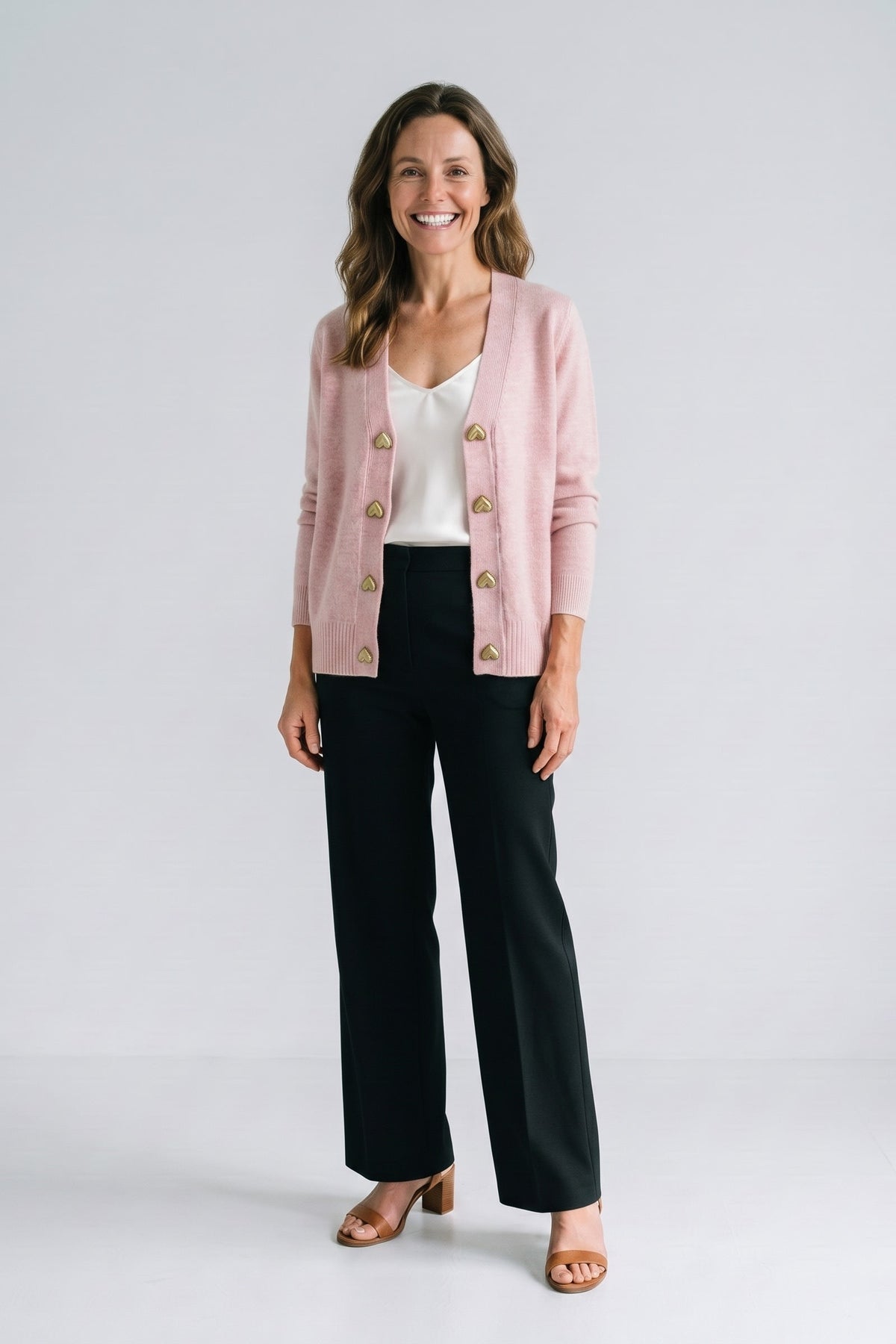 Women's Cropped Button Cardigan | V-Neck — Light Pink — front view — on model