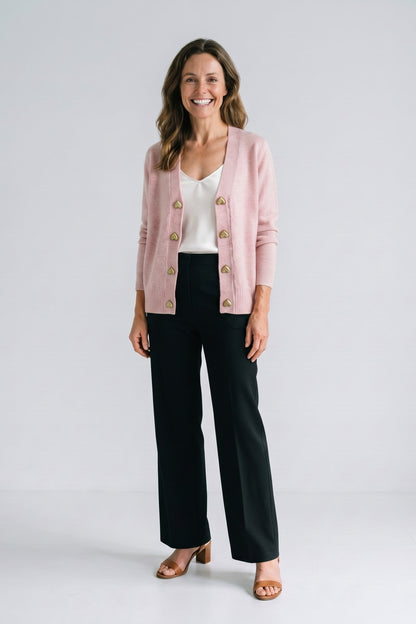 Women's Cropped Button Cardigan | V-Neck — Light Pink — front view — on model