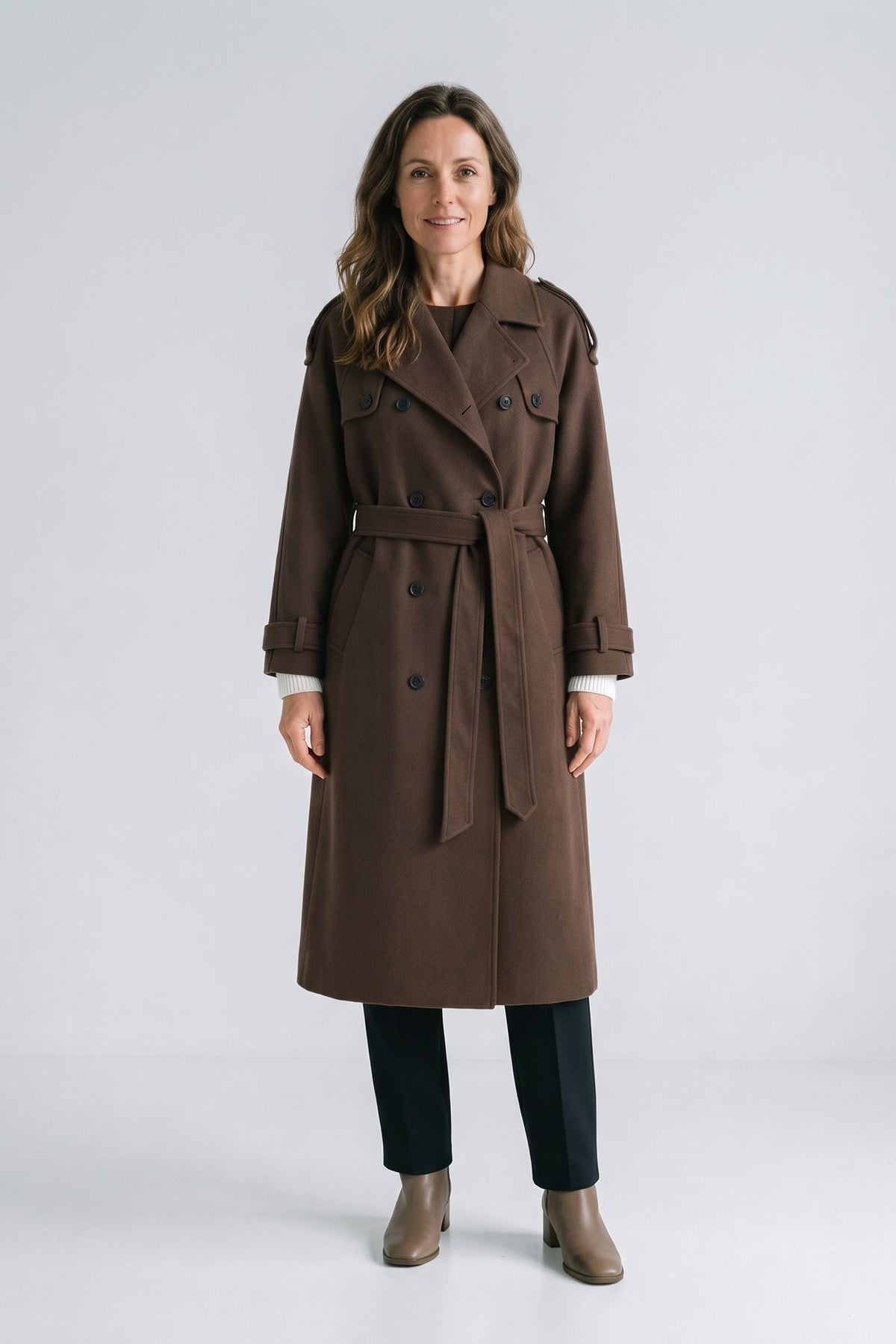 Women's Belted Trench Coat | Notched Lapel — Brown — front view — on model