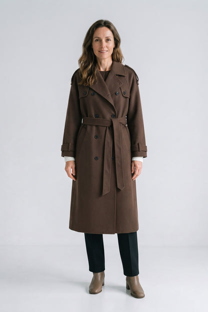 Women's Belted Trench Coat | Notched Lapel — Brown — front view — on model