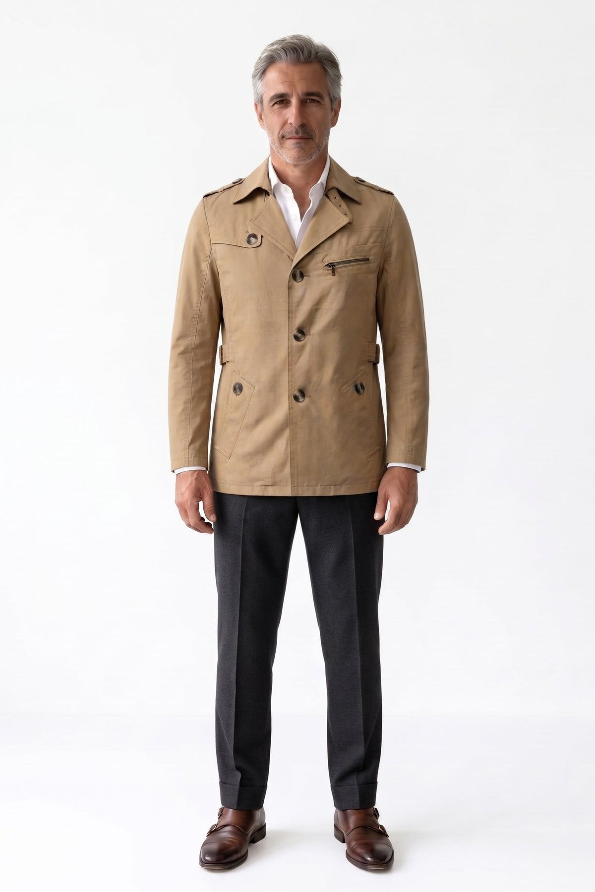 Men's Trench Jacket | Notched Lapel — Brown — front view — on model
