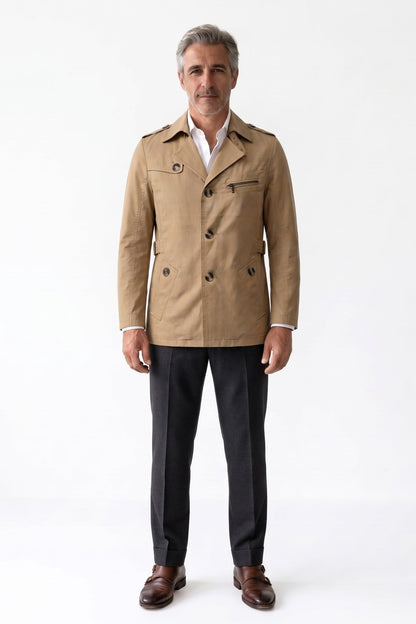 Men's Trench Jacket | Notched Lapel — Brown — front view — on model