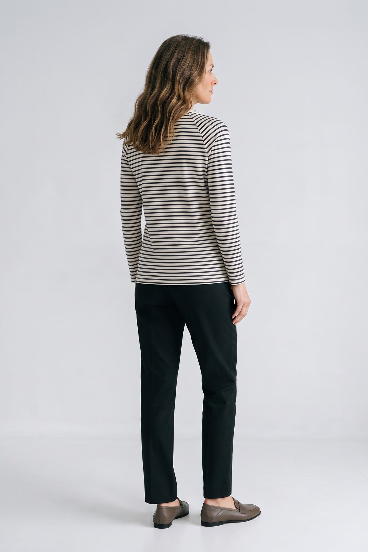 Women's Striped Shirt | Long-Sleeve — White — back view — on model