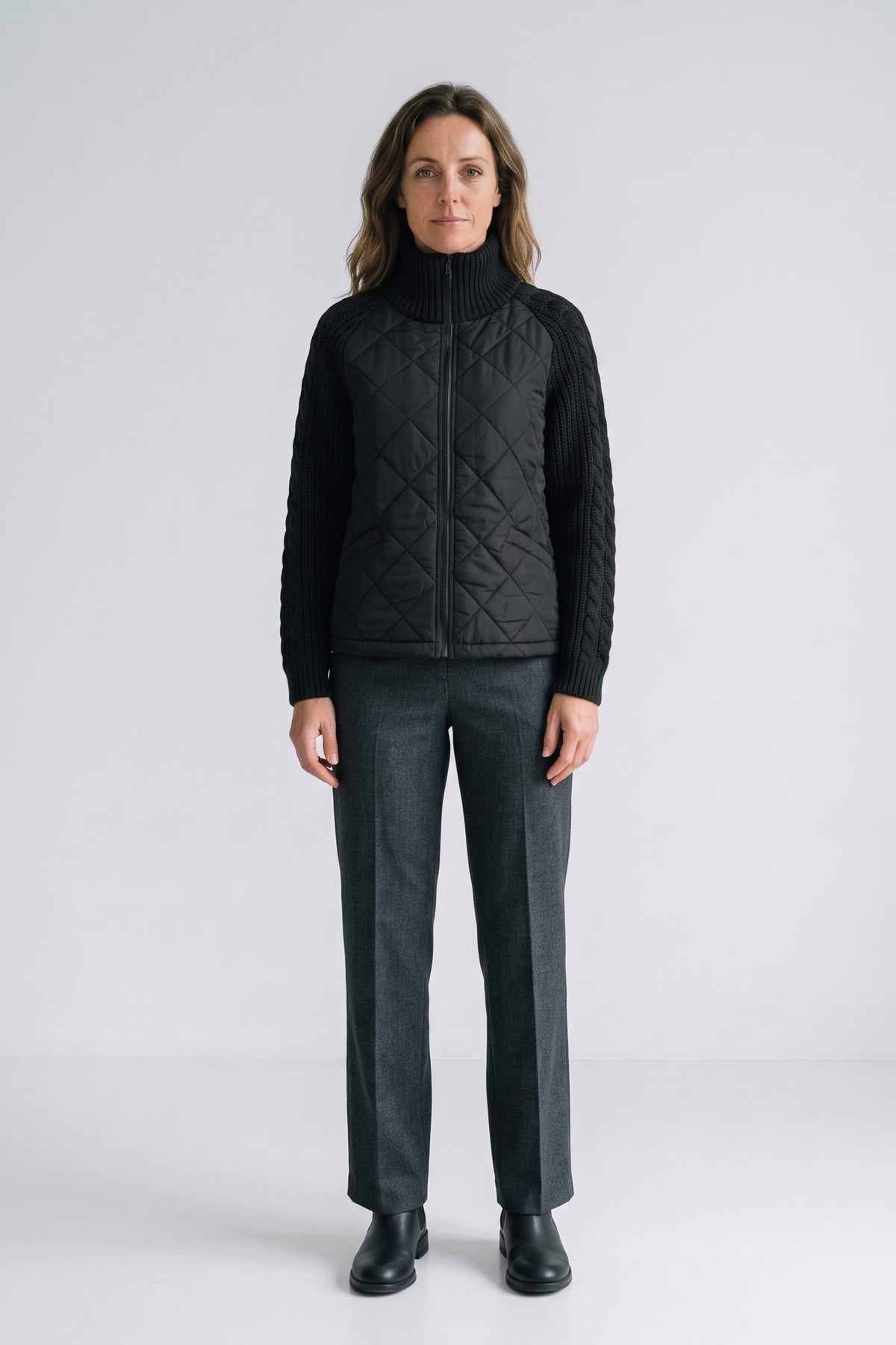 Women's Quilted Casual Jacket | Zip Front — Black — front view — on model