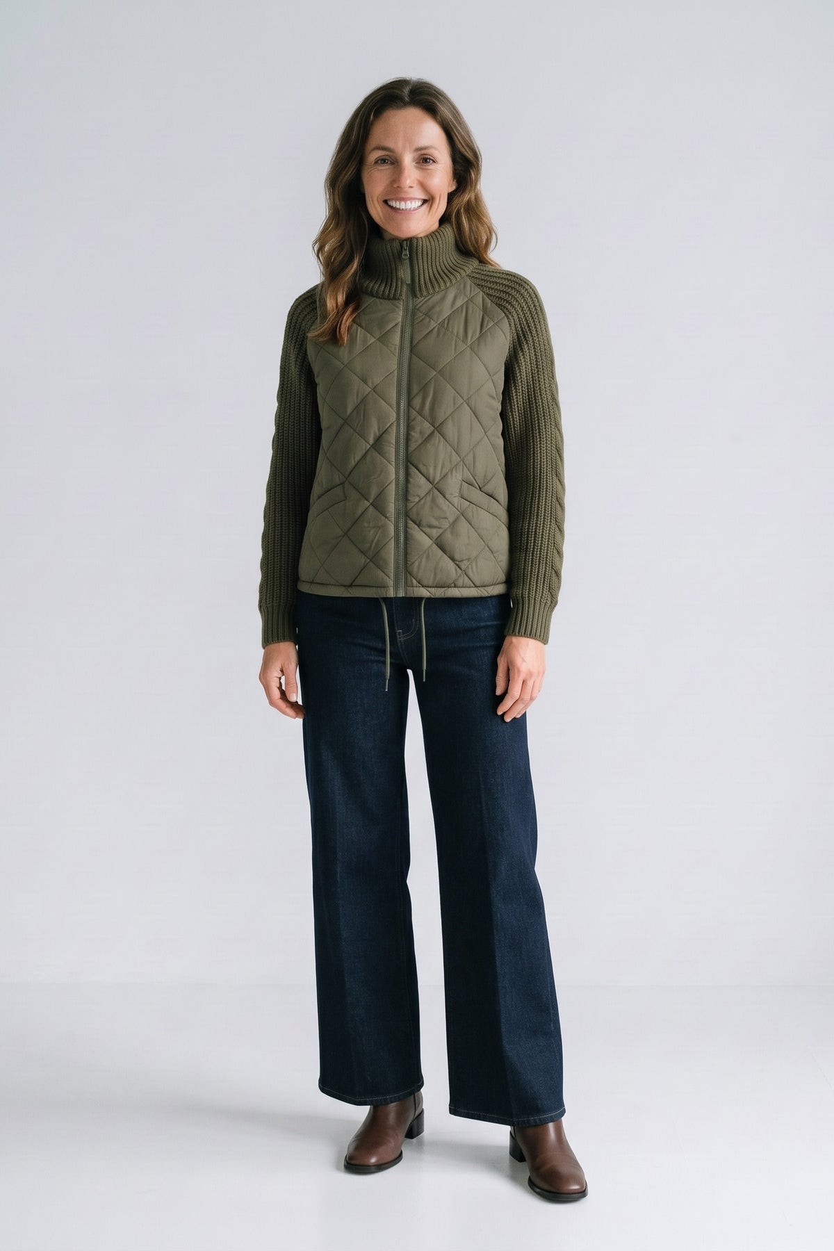 Women's Quilted Casual Jacket | Zip Front — Green — front view — on model