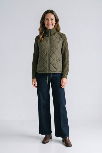 Women's Quilted Casual Jacket | Zip Front — Green — front view — on model