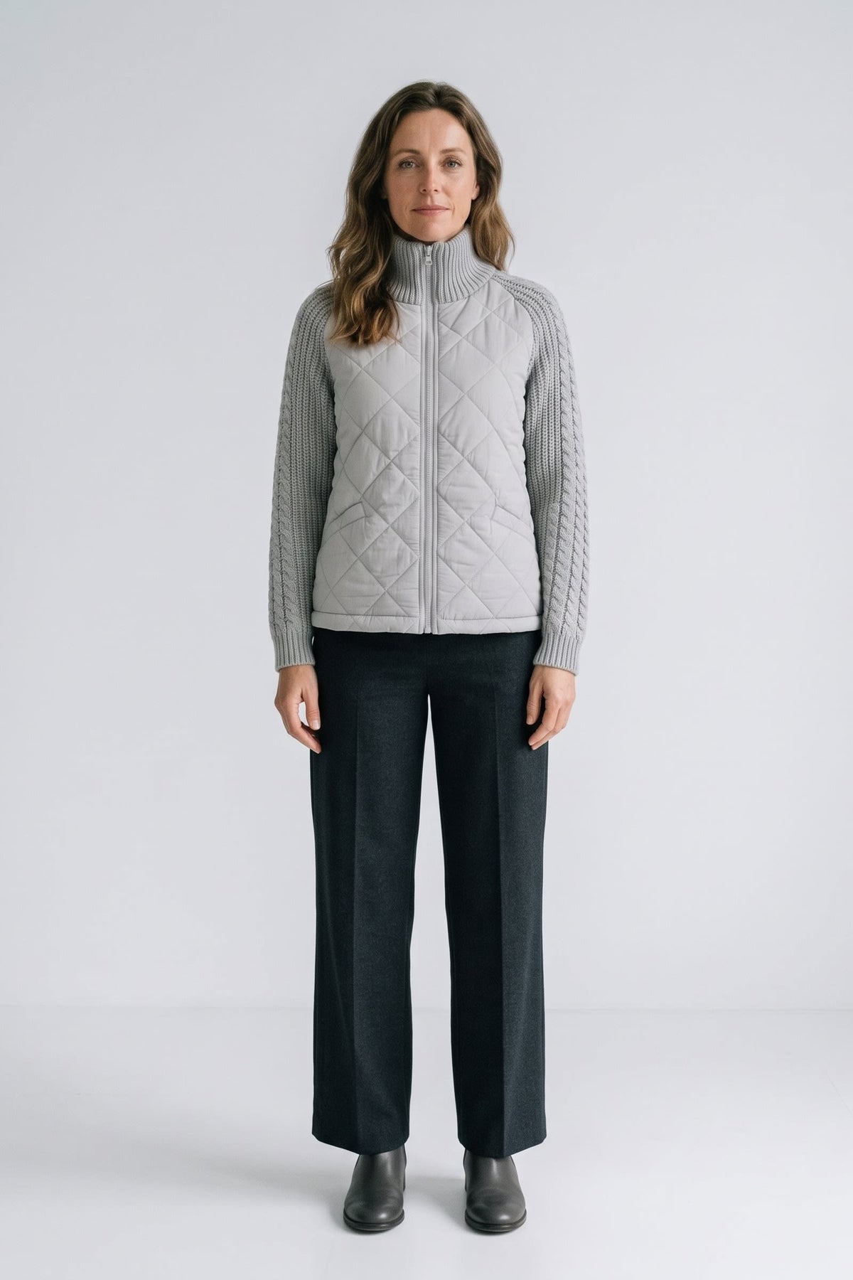 Women's Quilted Casual Jacket | Zip Front — Grey — front view — on model
