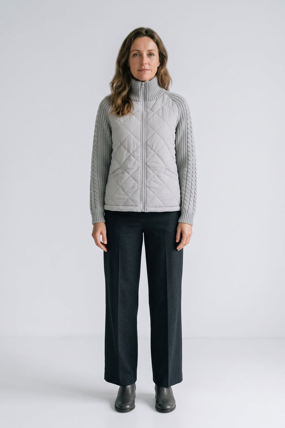 Women's Quilted Casual Jacket | Zip Front — Grey — front view — on model