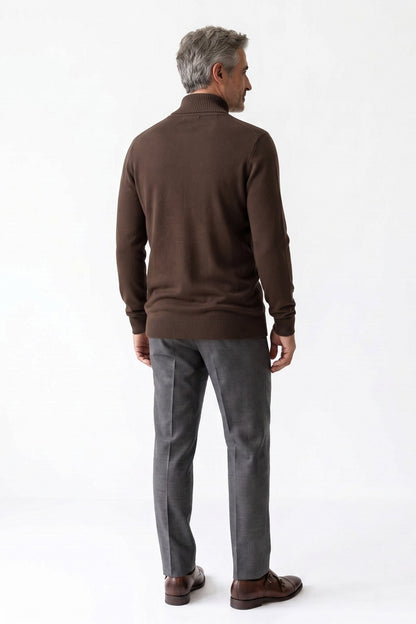 Men's Turtleneck Sweater | Ribbed Cuffs — Brown — back view — on model
