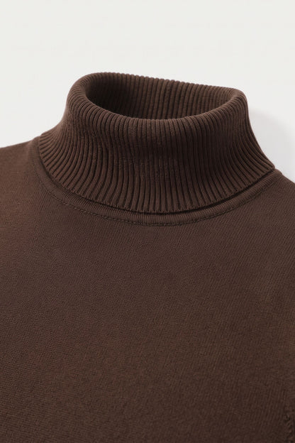Men's Turtleneck Sweater | Ribbed Cuffs — Brown — detail — on model
