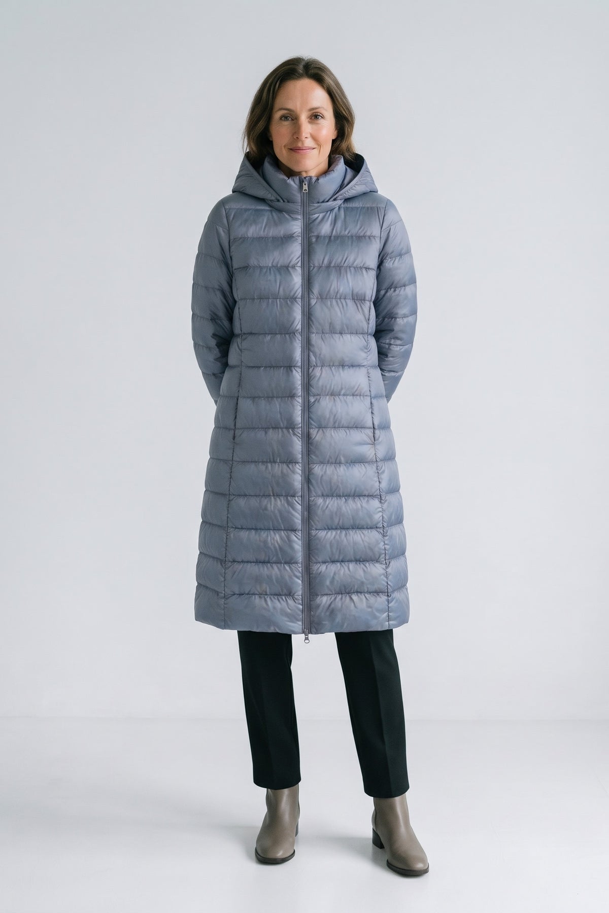 Women's Long Puffer Jacket | Hooded — Blue — front view — on model