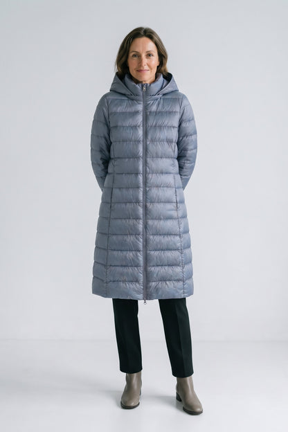 Women's Long Puffer Jacket | Hooded — Blue — front view — on model
