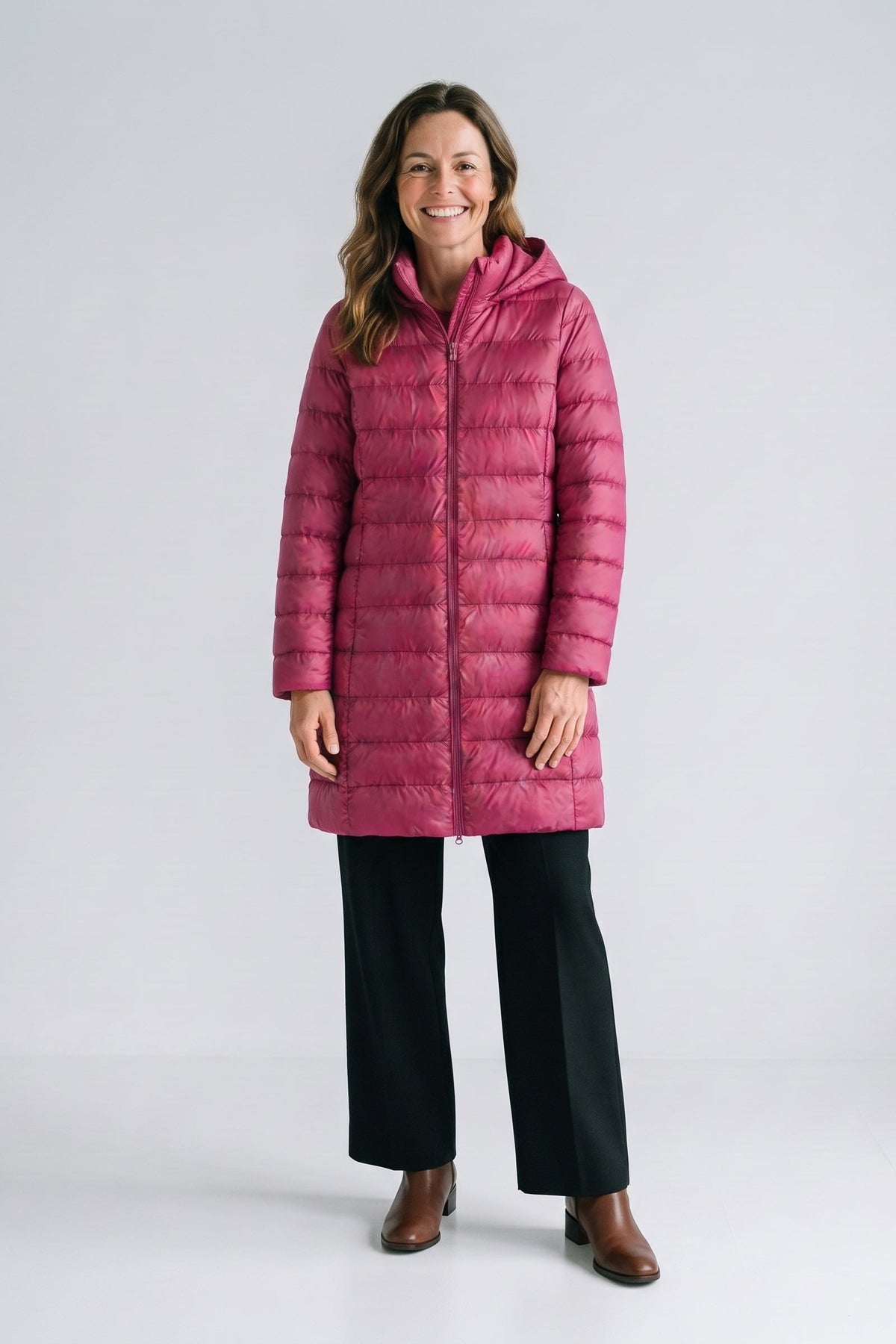 Women's Long Puffer Jacket | Hooded — Dark Pink — front view — on model
